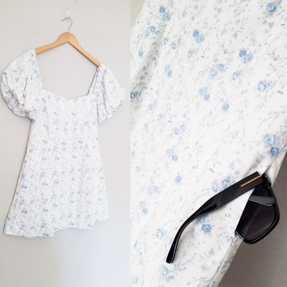 NEW Mi Ami Francesca's Erin Floral Square Neck Mini Dress L White Blue Cottage - Picture 13 of 15